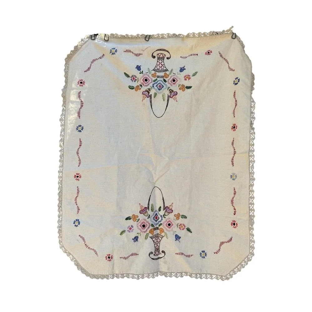 Vintage Handmade Linen Crochet Embroidered Floral Basket Table Runner  27x34